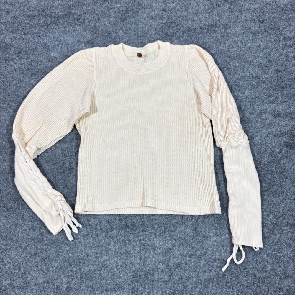Free People FP One Waffle Knit Lace Up Thermal Top Womens Small Cream Cotton EUC